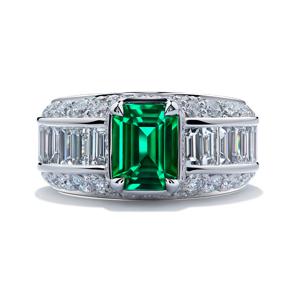 Clean Vivid Emerald Ring with D Flawless Diamonds set in 18K White