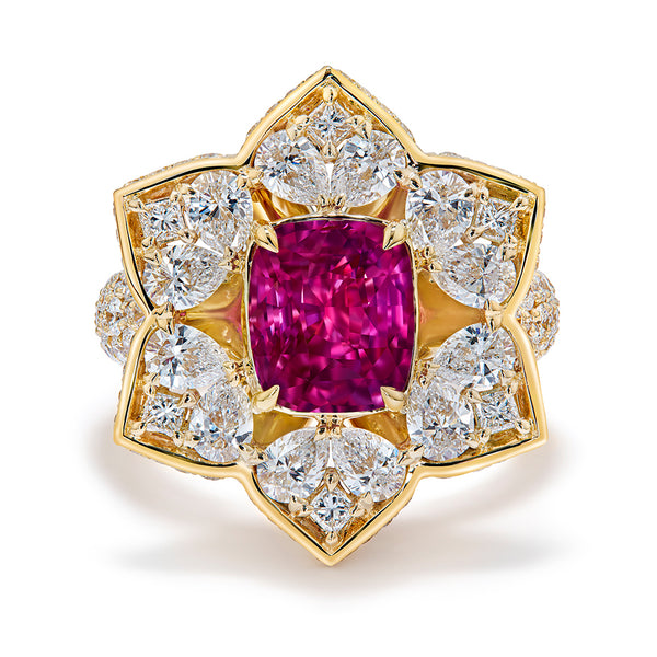 Unheated Ceylon Fuchsia Ruby Ring with D Flawless Diamonds set in 18K Yellow Gold