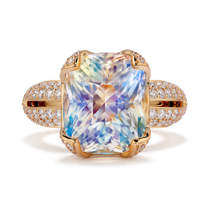 Rainbow Moonstone Ring with D Flawless Diamonds set in 18K Yellow Gold