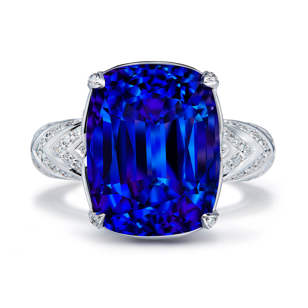 Vivid Blue Tanzanite Ring with D Flawless Diamonds set in 18K
