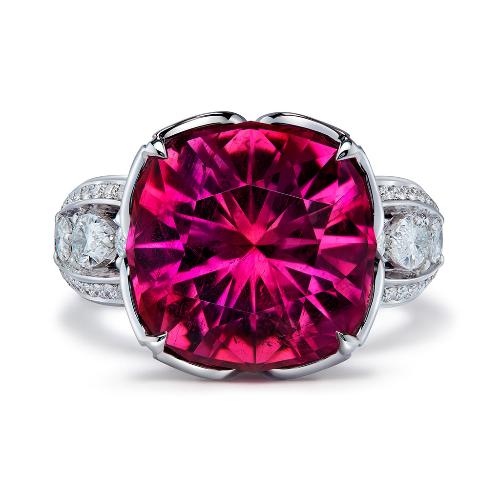 Neon Rubellite Tourmaline Ring with D Flawless Diamonds set in 18K