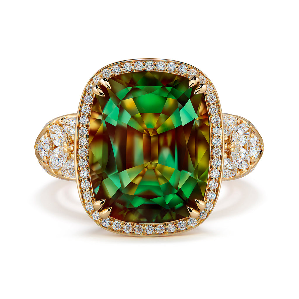 Color Change Sunstone Ring with D Flawless Diamonds set in 18K