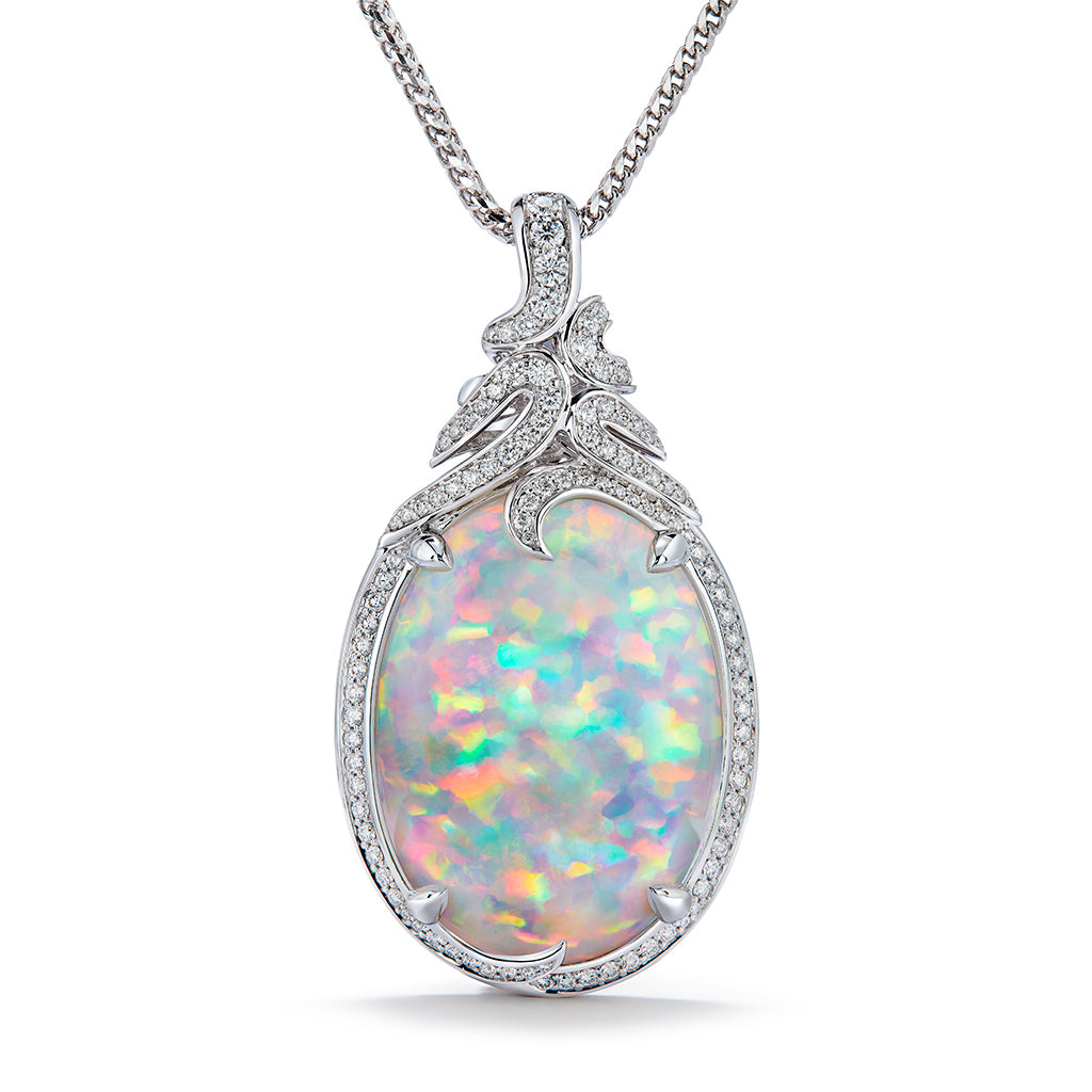 Opal Necklace with D Flawless Diamonds set in 18K White Gold – Kat