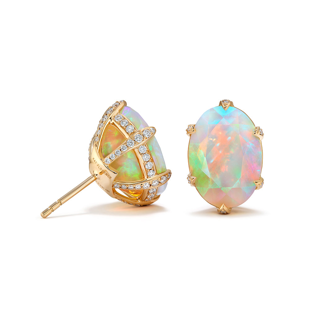 Opal Earrings with D Flawless Diamonds set in 18K Yellow Gold