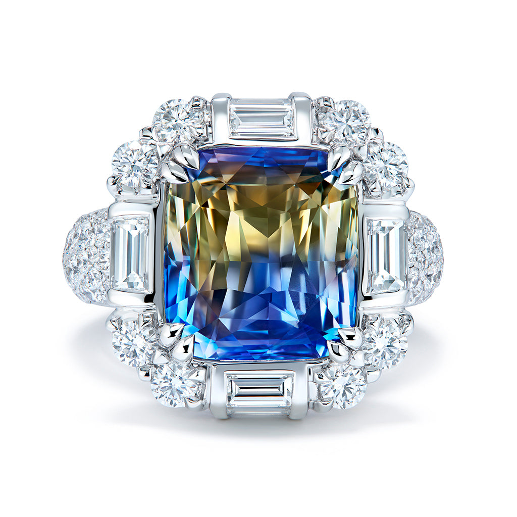 Unheated Ceylon Bi Color Sapphire Ring with D Flawless Diamonds