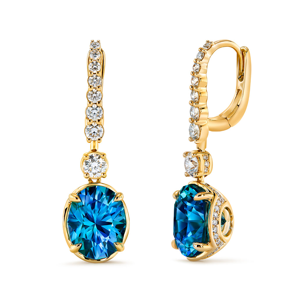 Blue Zircon Earrings with D Flawless Diamonds set in 18K Yellow
