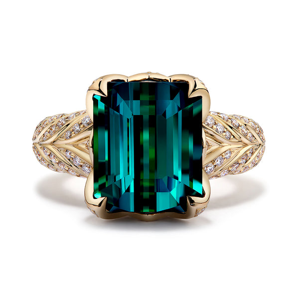 Indicolite Ring with D Flawless Diamonds set in 18K Yellow Gold