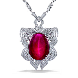 Cats Eye Rubellite Necklace with D Flawless Diamonds set in 18K White Gold
