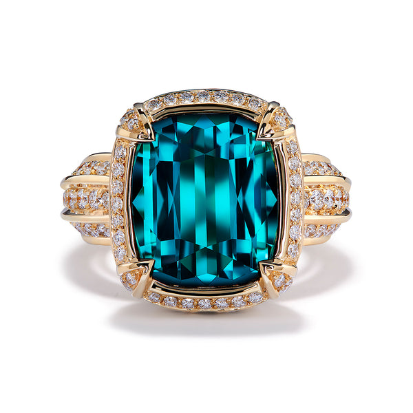Indicolite Ring with D Flawless Diamonds set in 18K Yellow Gold