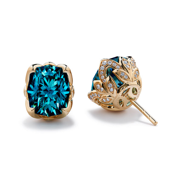 Blue Zircon Earrings with D Flawless Diamonds set in 18K Yellow Gold