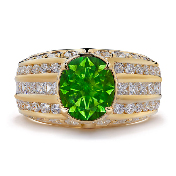 Russian Horsetail Demantoid Ring with D Flawless Diamonds set in 18K Yellow Gold