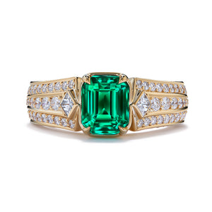 Clean Vivid Green Emerald Ring with D Flawless Diamonds set in 18K Yellow Gold