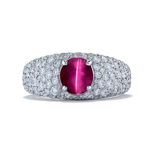 Unheated Cat Eye Ceylon Ruby Ring with D Flawless Diamonds set in 18K White Gold
