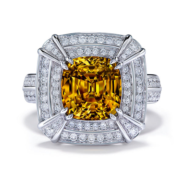 Golden Yellow Zircon Ring with D Flawless Diamonds set in 18K White Gold