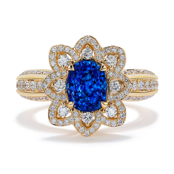 Unheated Burmese Cornflower Blue Sapphire Ring with D Flawless Diamonds set in 18K Yellow Gold