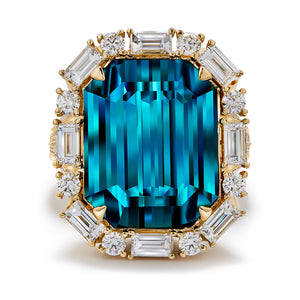 Afghan Blue Indicolite Tourmaline Ring with D Flawless Diamonds set in 18K Yellow Gold