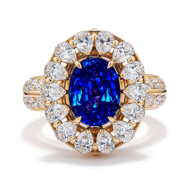 Unheated Burmese Peacock Blue Sapphire Ring with D Flawless Diamonds set in 18K Yellow Gold