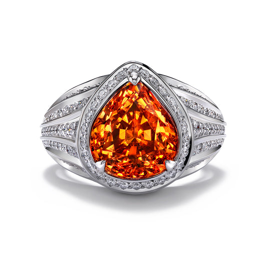 Mandarin Garnet Ring with D Flawless Diamonds set in 18K White Gold