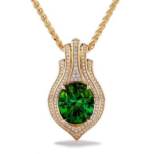 Neon Titanium Tourmaline Necklace with D Flawless Diamonds set in 18K Yellow Gold