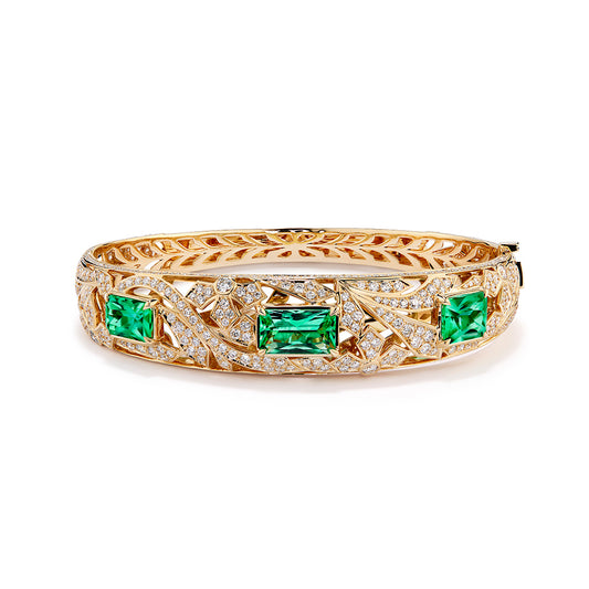Muzo Colombian Emerald Bangle with D Flawless Diamonds set in 18K Yellow Gold