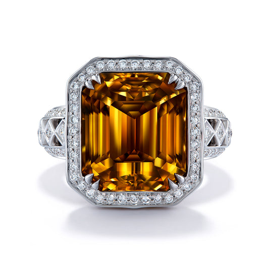 Yellow Zircon Ring with D Flawless Diamonds set in 18K White Gold