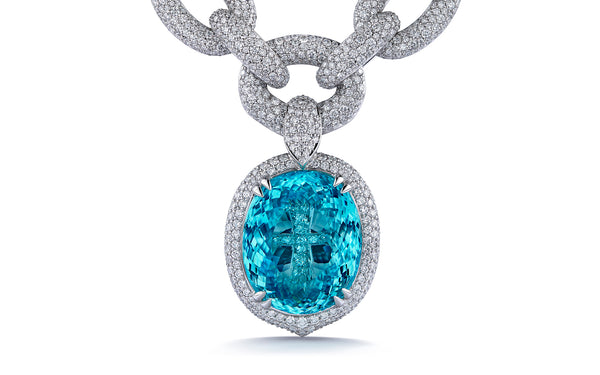 Neon Paraiba Tourmaline Cross Necklace with D Flawless Diamonds set in 18K White Gold