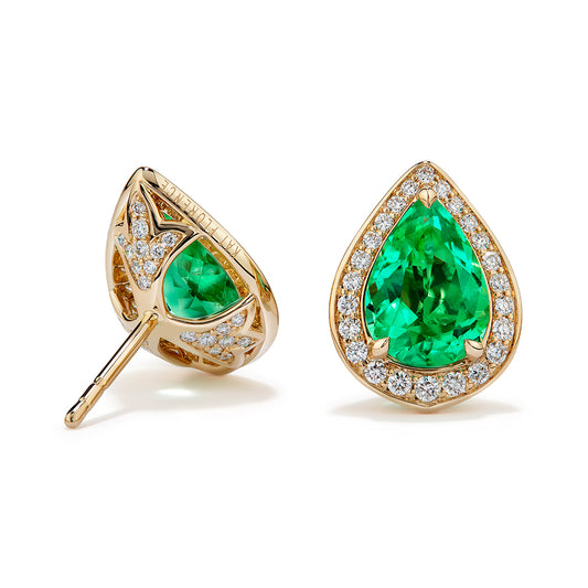 Muzo Colombian Emerald Earrings with D Flawless Diamonds set in 18K Yellow Gold