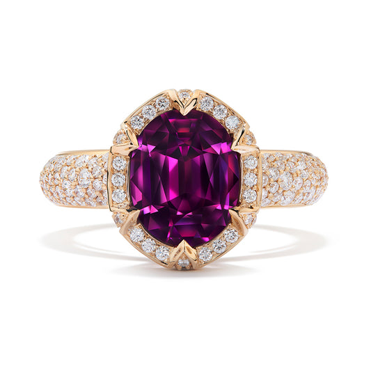 Magenta Garnet Ring with D Flawless Diamonds set in 18K Yellow Gold