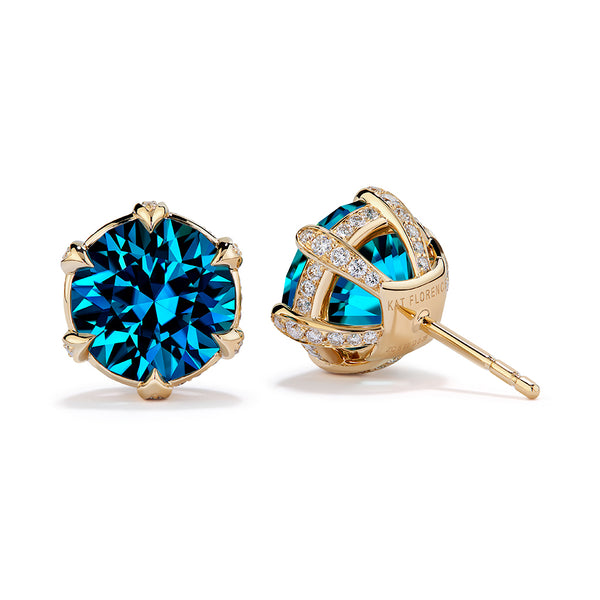 Blue Zircon Earrings with D Flawless Diamonds set in 18K Yellow