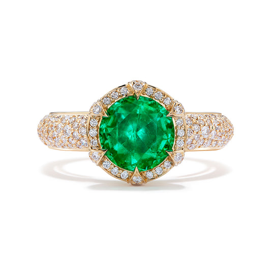 Himalayan Vivid Green Emarald Ring with D Flawless Diamonds set in 18K Yellow Gold