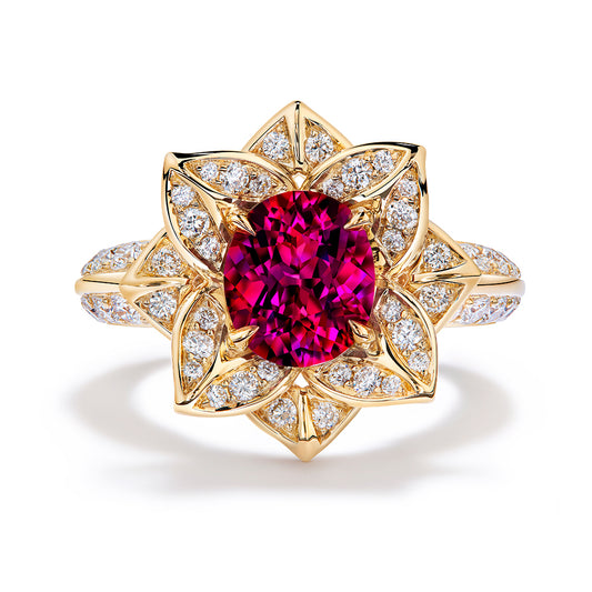 Rubellite Tourmaline Ring with D Flawless Diamonds set in 18K Yellow Gold