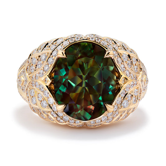 Color Changing Sunstone Ring with D Flawless Diamonds set in 18K Yellow Gold