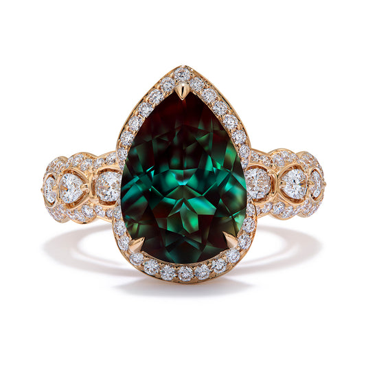 Color Change Sunstone Ring with D Flawless Diamonds set in 18K Yellow Gold