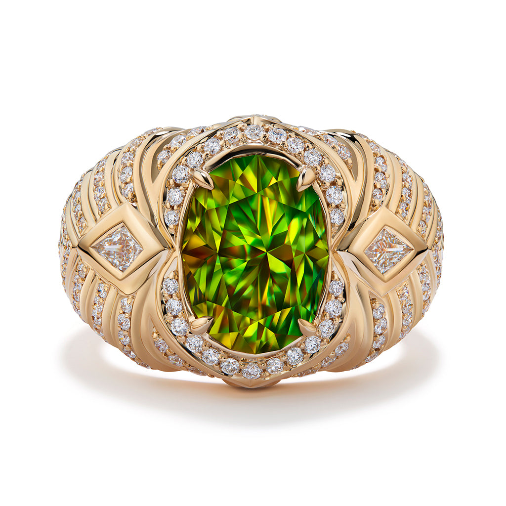 Russian Sphene Ring with D Flawless Diamonds set in 18K Yellow Gold