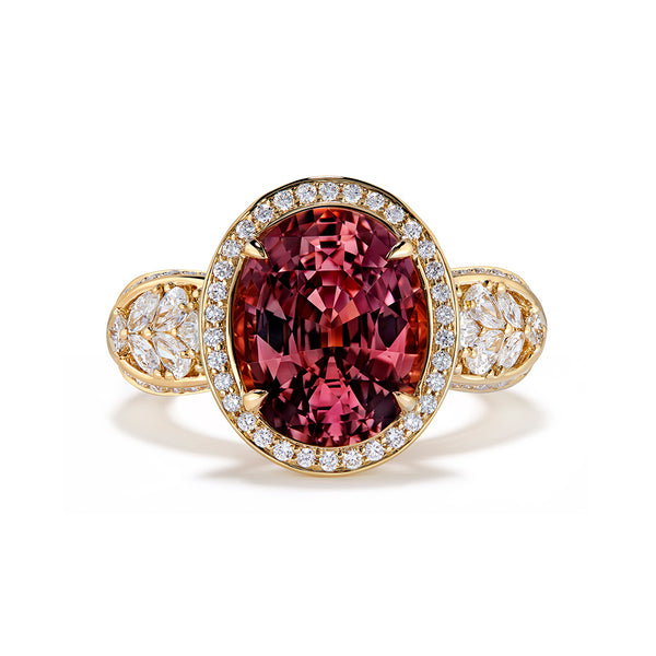 Imperial Padparadscha Garnet Ring with D Flawless Diamonds set in 18K Yellow Gold