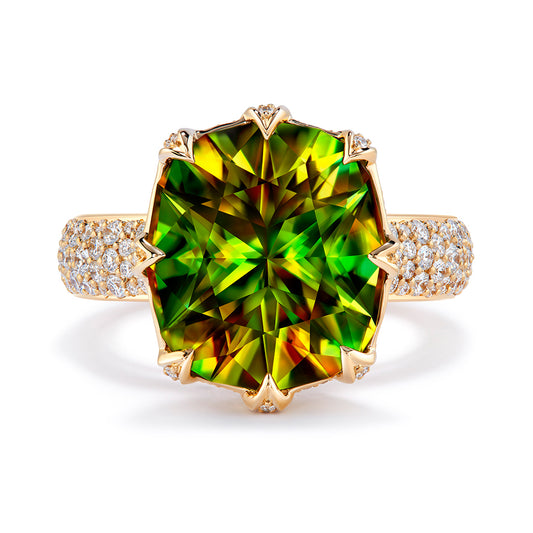 Russian Sphene Ring with D Flawless Diamonds set in 18K Yellow Gold