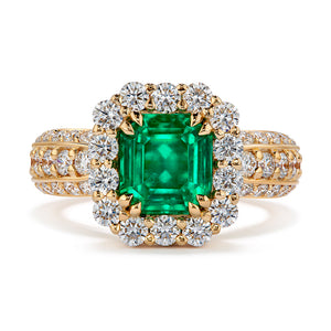 Vivid Green Muzo Colombian Emerald Ring with D Flawless Diamonds set in 18K Yellow Gold