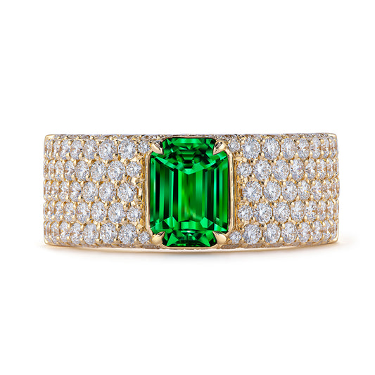 Neon Tsavorite Garnet Ring with D Flawless Diamonds set in 18K Yellow Gold