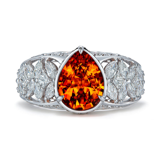 Neon Mandarin Garnet Ring with D Flawless Diamonds set in 18K White Gold