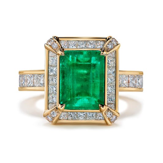 Vivid Green Muzo Colombian Emerald Ring with D Flawless Diamonds set in 18K Yellow Gold