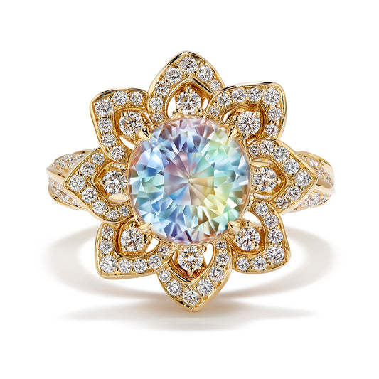 Rainbow Moonstone Ring with D Flawless Diamonds set in 18K Yellow Gold