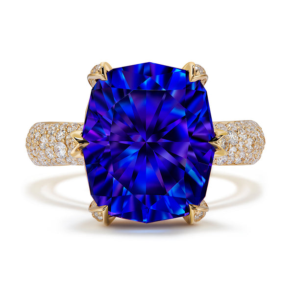 Vivid Blue Tanzanite Ring with D Flawless Diamonds set in 18K Yellow Gold