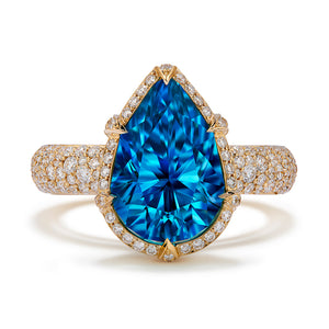 Blue Zircon Ring with D Flawless Diamonds set in 18K Yellow Gold