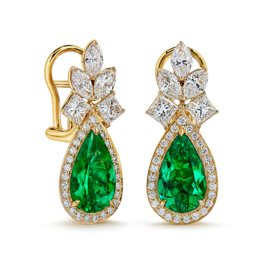 Old World Muzo Colombian Emerald Earrings with D Flawless Diamonds set in 18K Yellow Gold