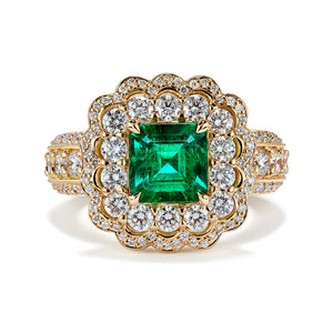 Old World Muzo Colombian Emerald Ring with D Flawless Diamonds set in 18K Yellow Gold
