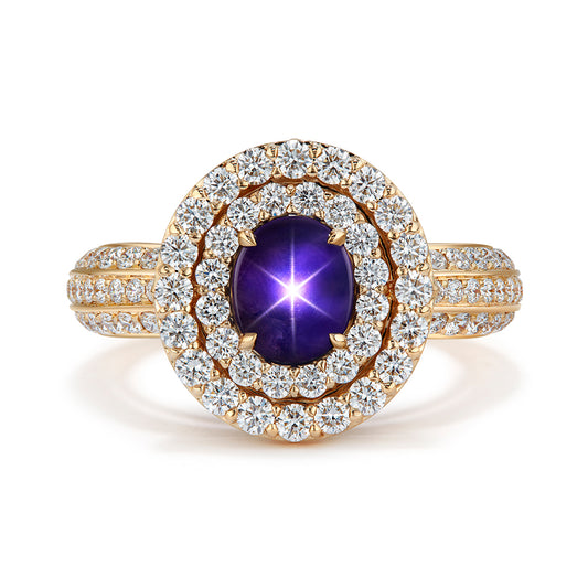 Unheated Ceylon Purple Star Sapphire Ring with D Flawless Diamonds set in 18K Yellow Gold