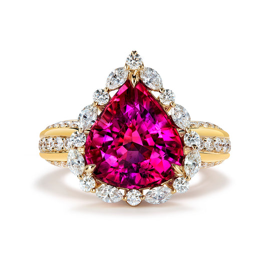 Neon Rubellite Tourmaline Ring with D Flawless Diamonds set in 18K Yellow Gold