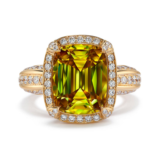 Brazilian Sphene Ring with D Flawless Diamonds set in 18K Yellow Gold