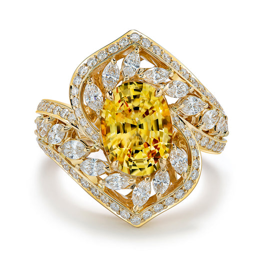 Unheated Ceylon Canary Yellow Sapphire Ring with D Flawless Diamonds set in 18K Yellow Gold