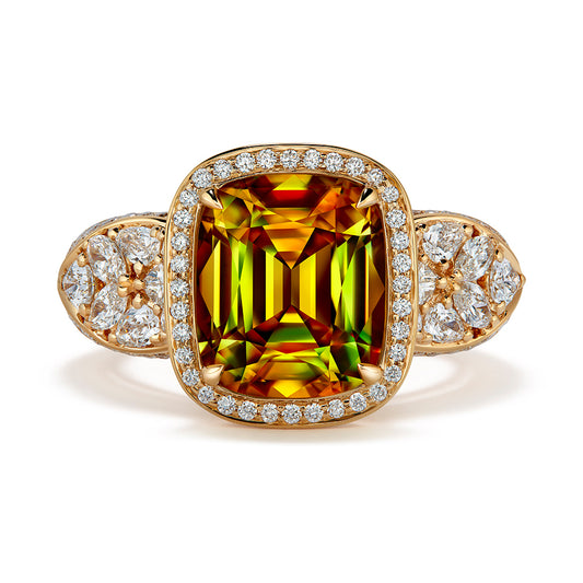 Golden Sphene Ring with D Flawless Diamonds set in 18K Yellow Gold
